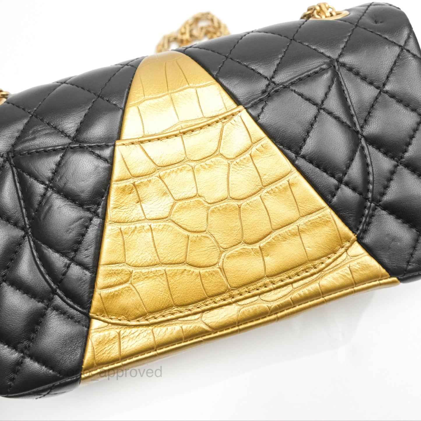 Chanel Reissue 2.55 Metallic Gold Crocodile Embossed Calfskin And Black Quilted Lambskin Aged Gold Hardware