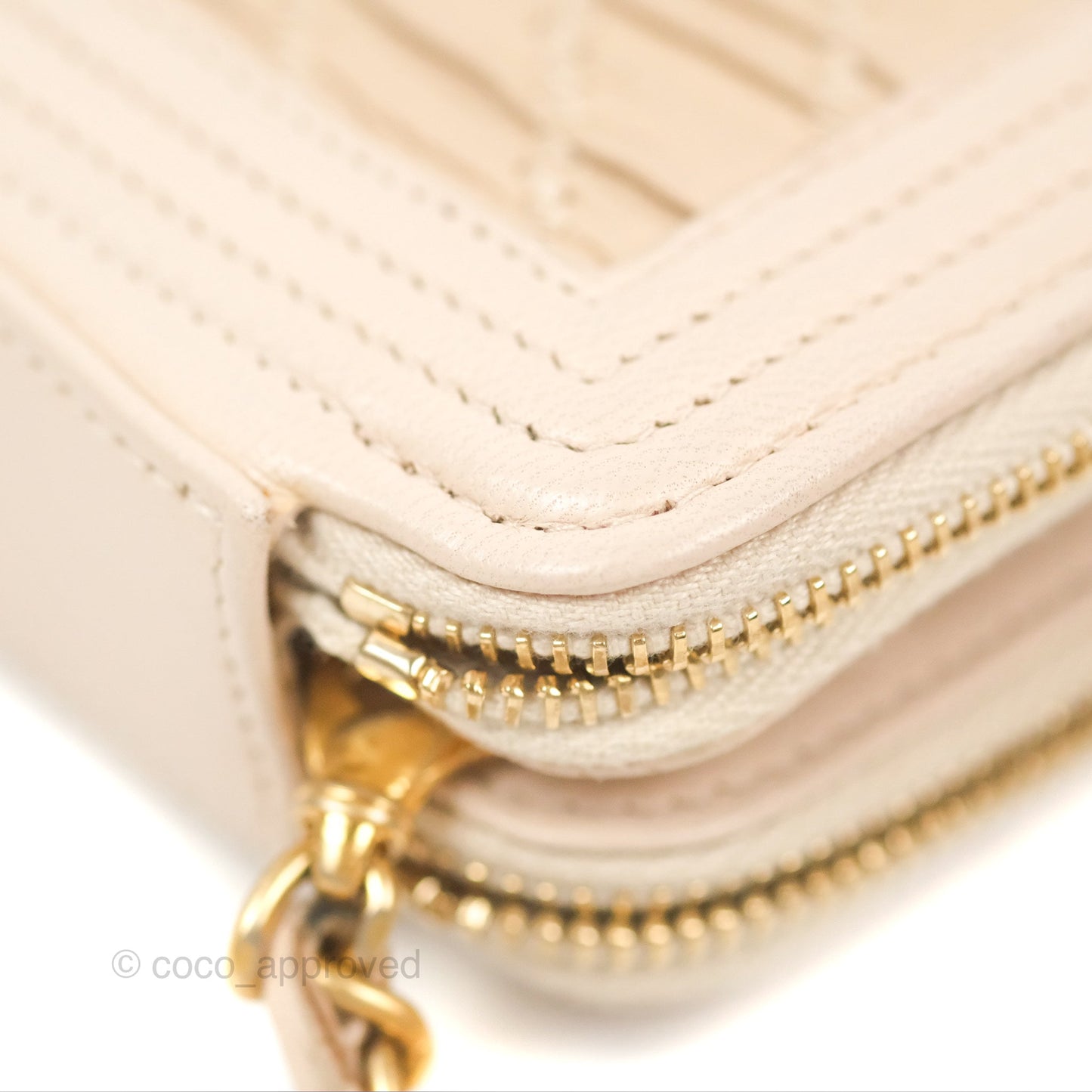 Chanel Boy Double Zip Clutch On Chain Chevron Pale Beige Aged Gold Hardware