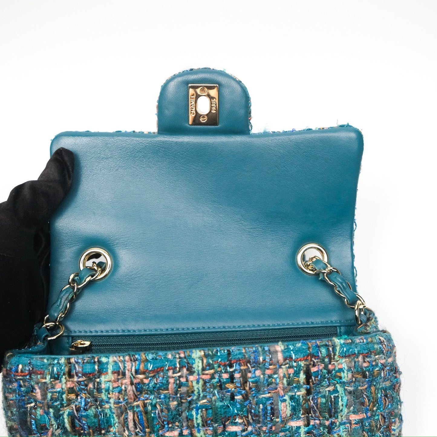 Chanel Mini Rectangular Flap Teal Tweed Gold Hardware