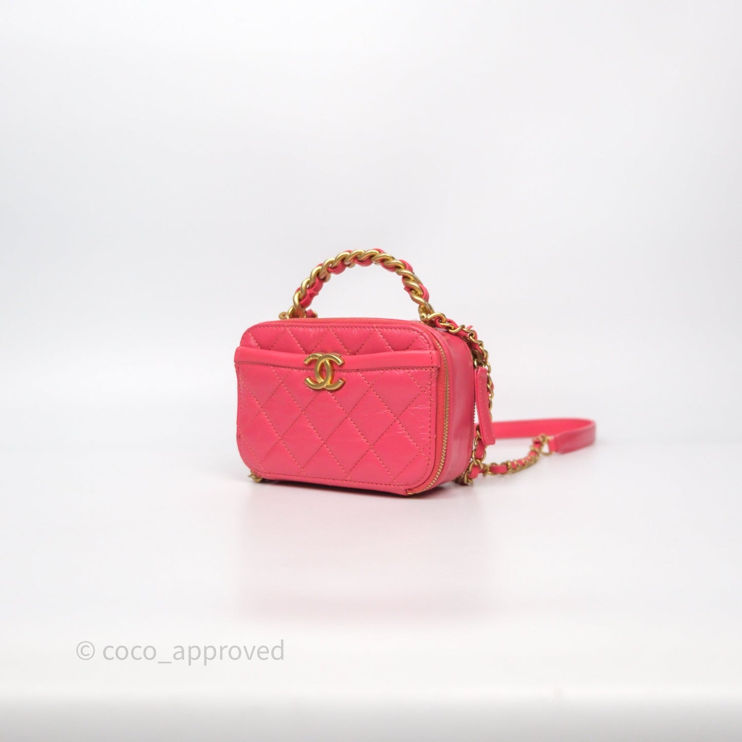 Chanel Small Top Handle Vanity Case Hot Pink Shiny Crumpled Calfskin Aged Gold Hardware