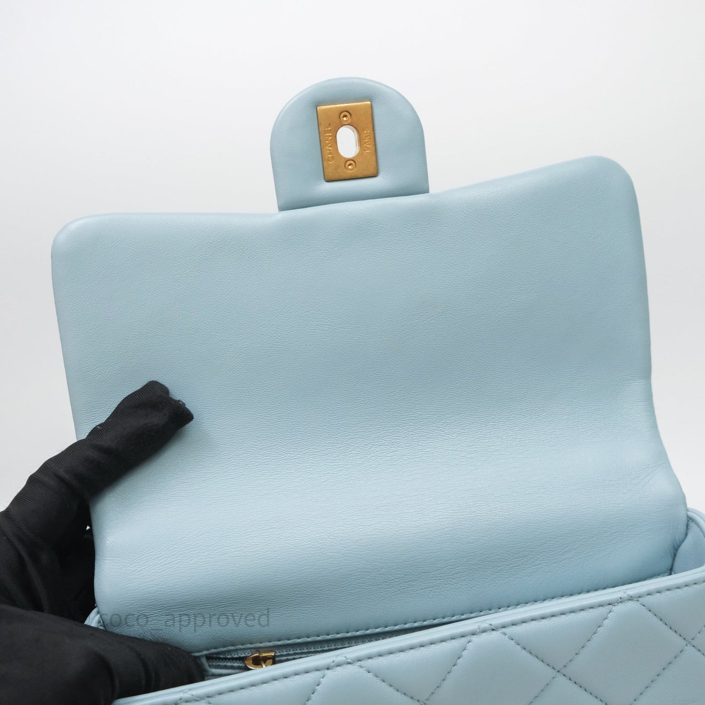 Chanel Quilted Enamel Pending CC Small Square Flap Baby Blue Lambskin
