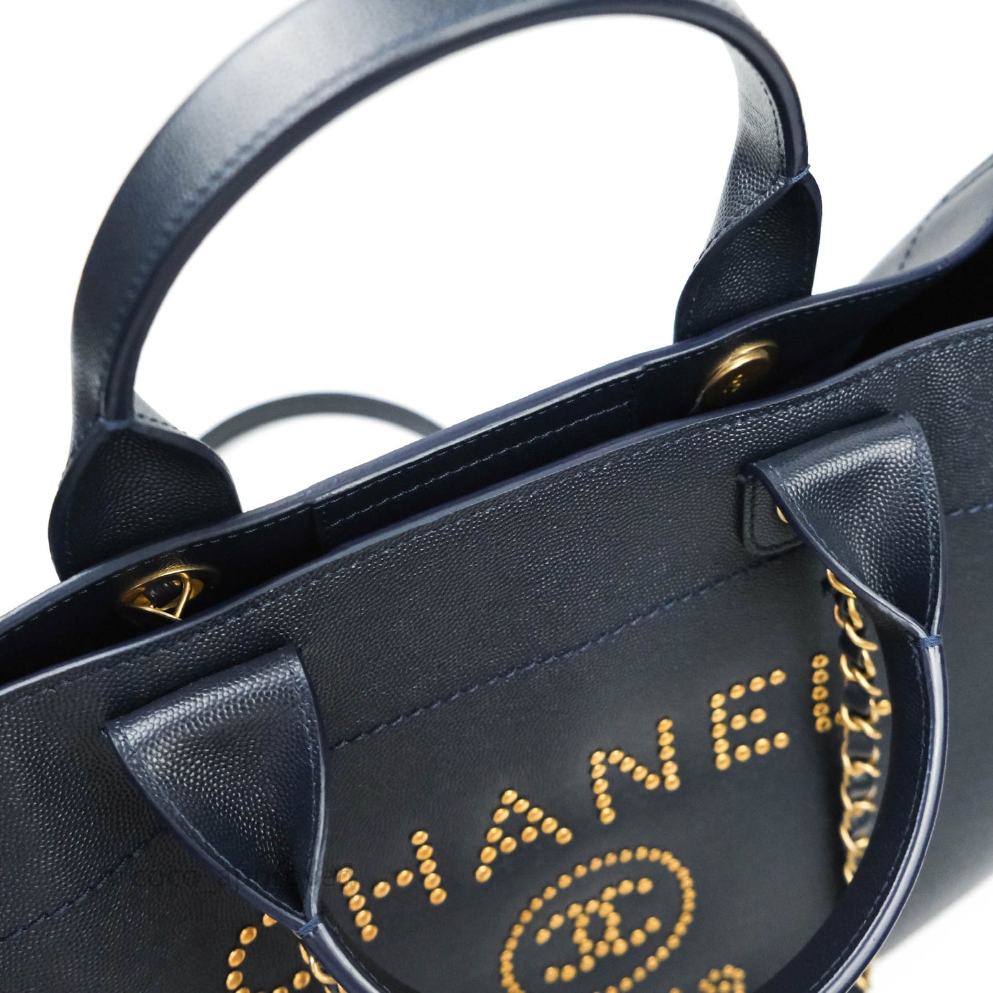Chanel Medium Studded Navy Caviar Deauville Shopping Bag Aged Gold Hardware