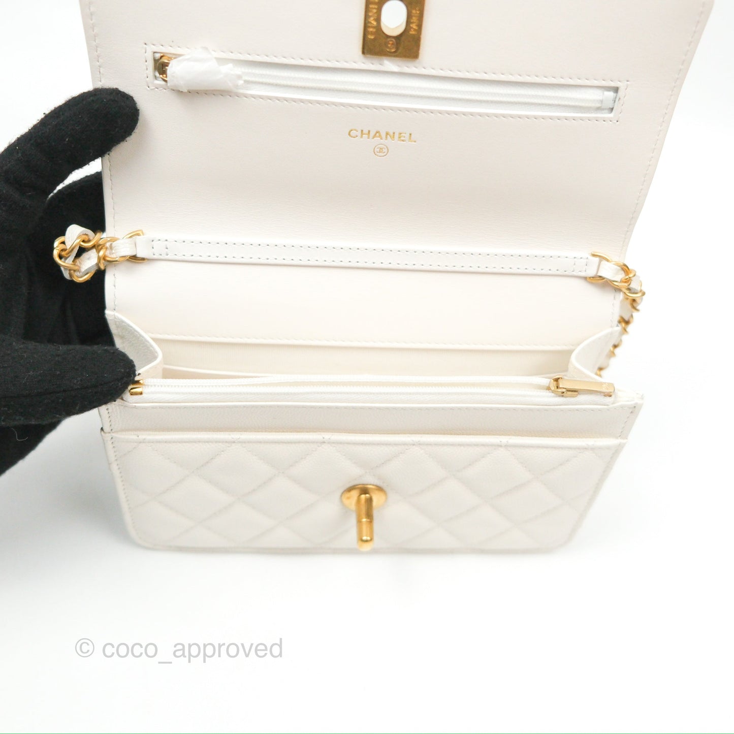 Chanel Wallet On Chain WOC Adjustable CC Chain Iridescent White Caviar Aged Gold Hardware