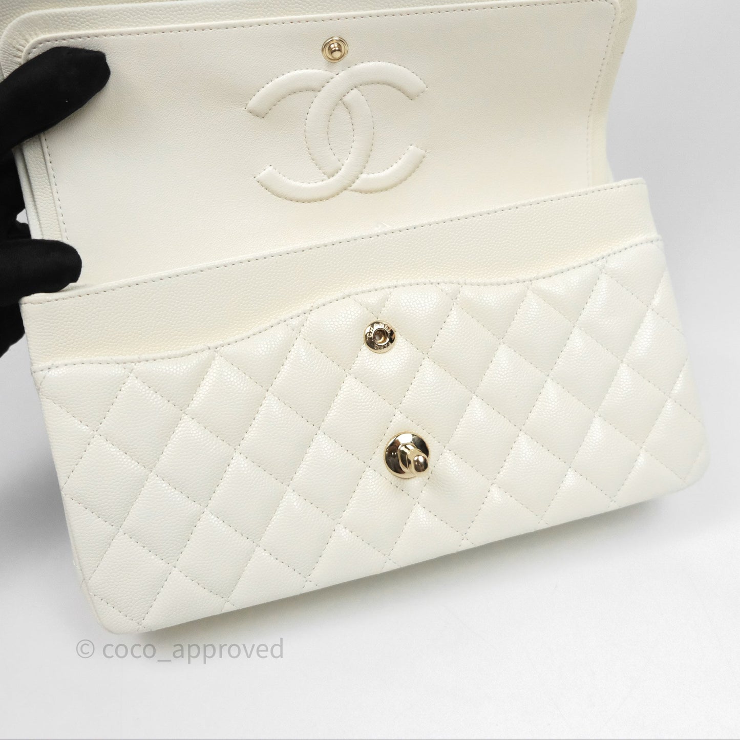 Chanel Classic M/L Medium Flap Quilted Ivory White Caviar Gold Hardware