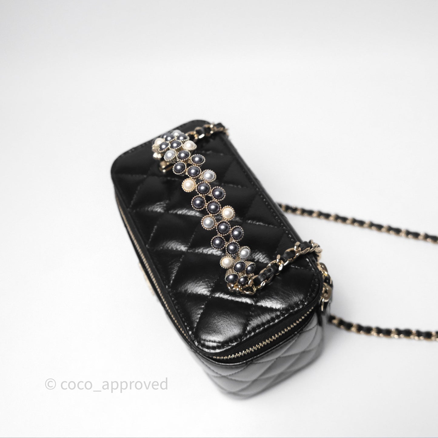 Chanel Vanity Rectangular Top Handle Black Shiny Lambskin Gold Hardware 24P
