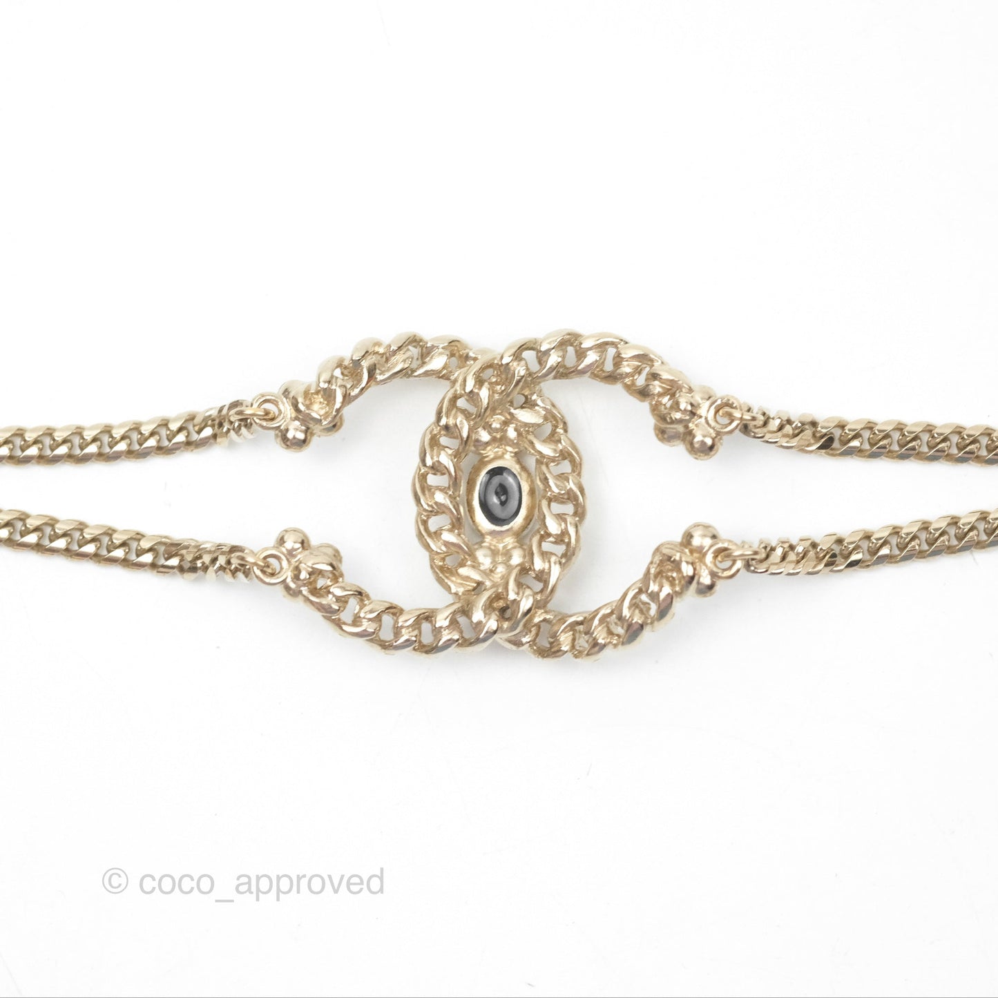Chanel Large Chain CC Crystal Pearl Black Resin Bracelet Gold Tone 20P