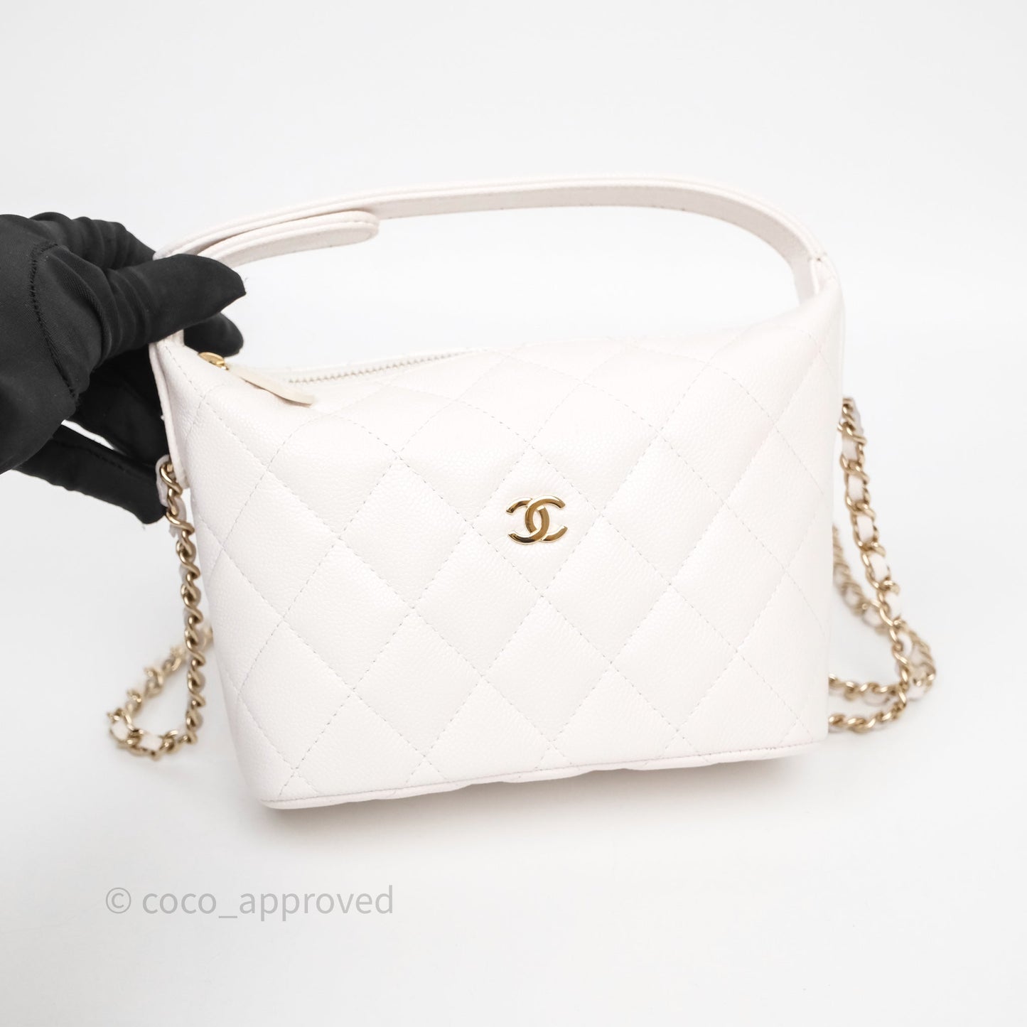 Chanel Quilted Hobo With Chain White Caviar Gold Hardware