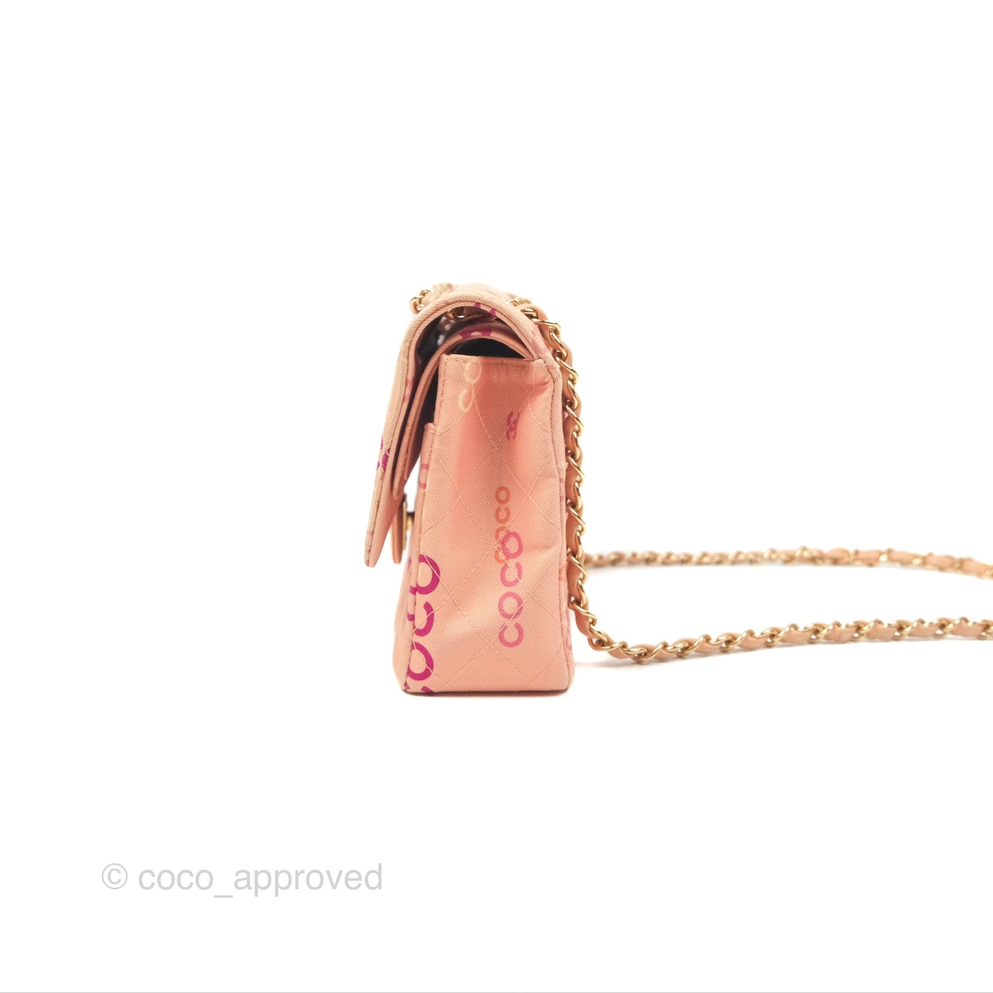 Chanel Coco Logo Medium Classic Flap Quilted Coral Pink Canvas Gold Hardware