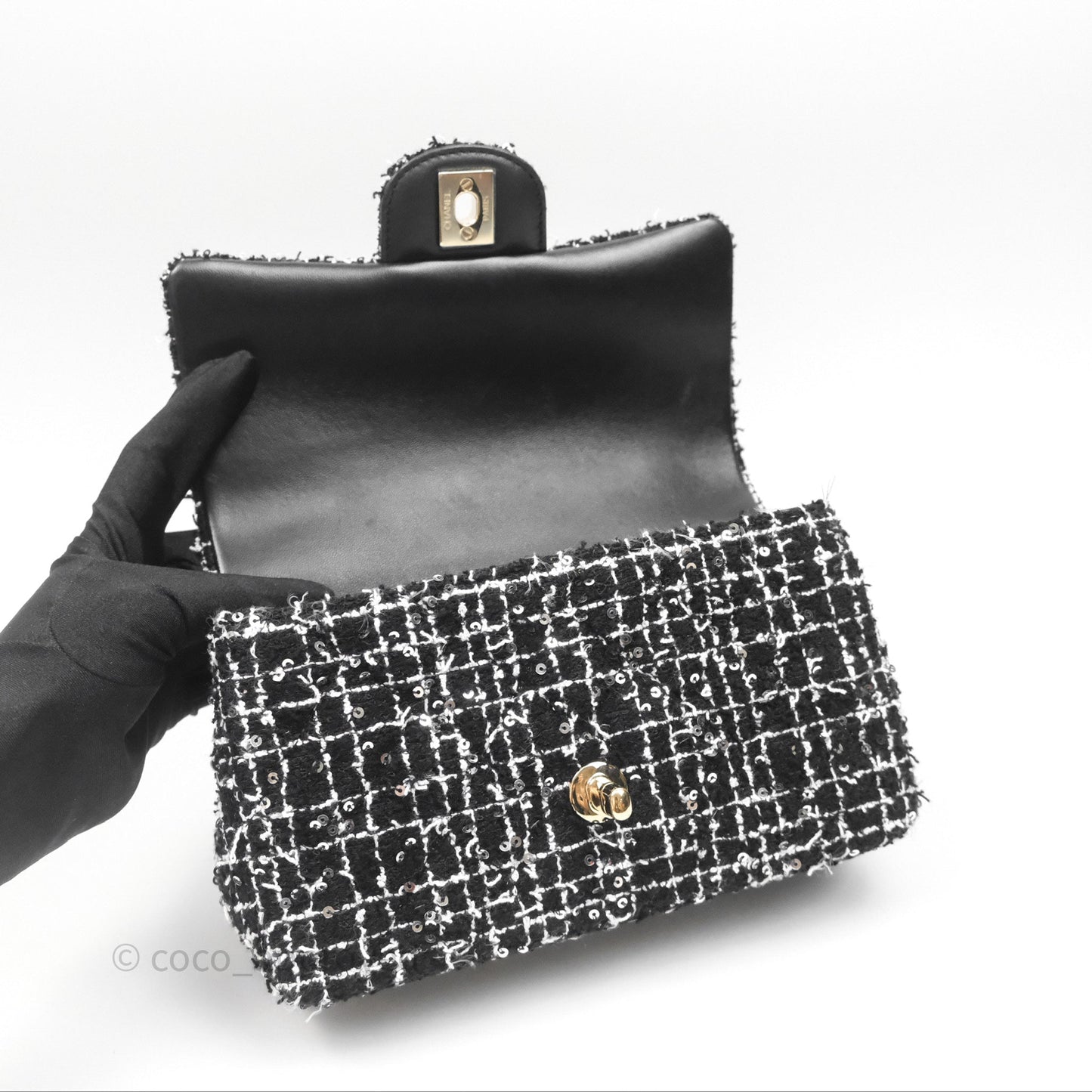 Chanel Top Handle Mini Rectangular Flap Black/ White Sequin Tweed Gold Hardware 24P