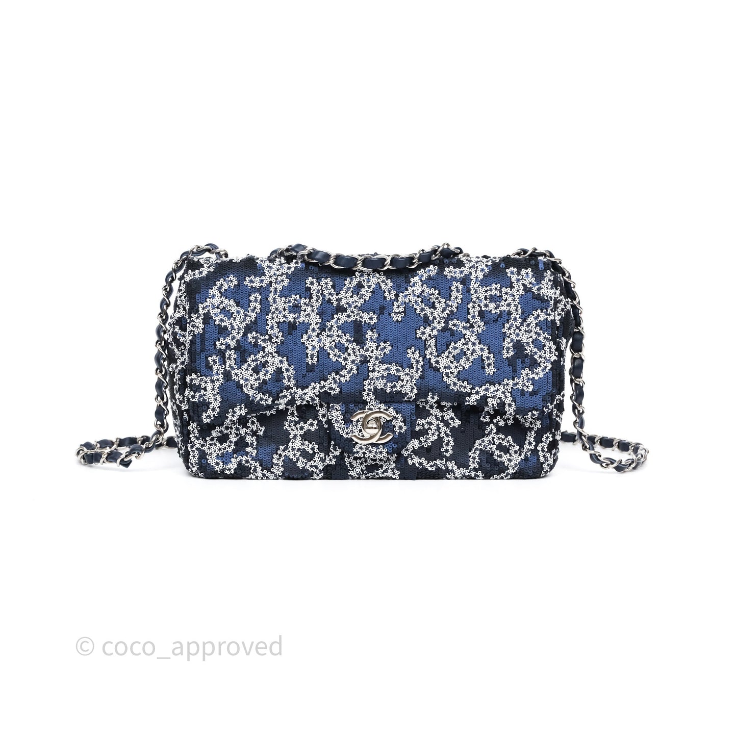 Chanel Medium CC Sequins Flap Bag White/ Navy Silver Hardware 19P