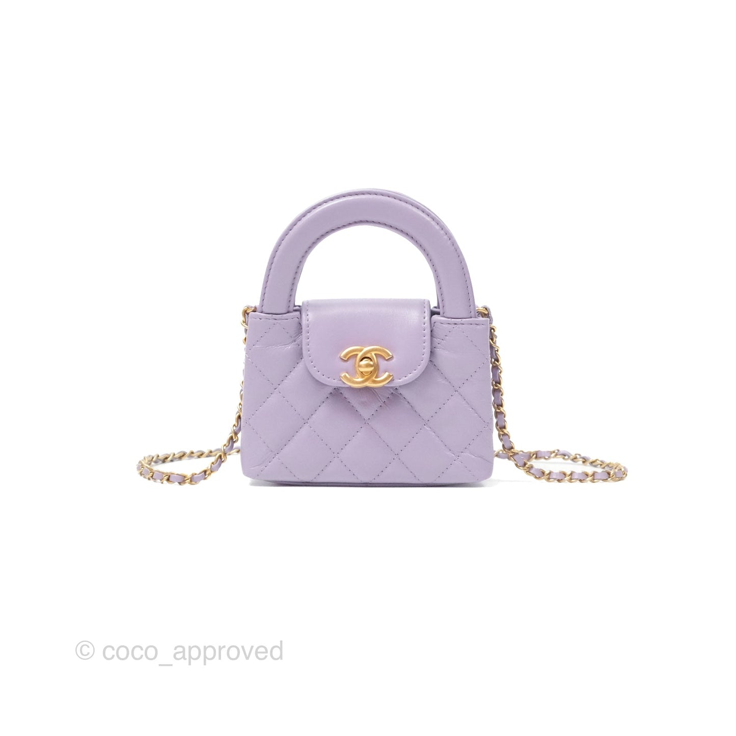 Chanel Mini Nano Kelly Bag Purple Shiny Calfskin Aged Gold Hardware
