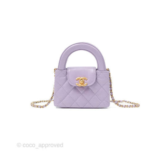Chanel Mini Nano Kelly Bag Purple Shiny Calfskin Aged Gold Hardware
