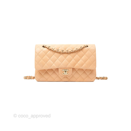 Chanel Classic M/L Medium Flap Quilted Beige Pink Lambskin Gold Hardware