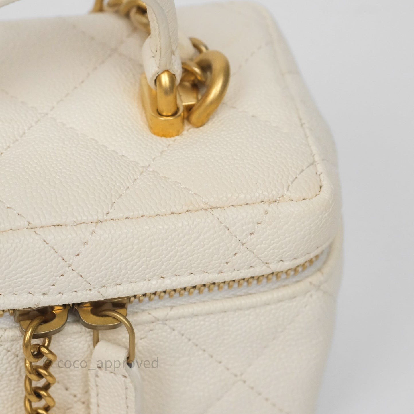Chanel Quilted Mini Top Handle Vanity With Chain Ivory Caviar Aged Gold Hardware