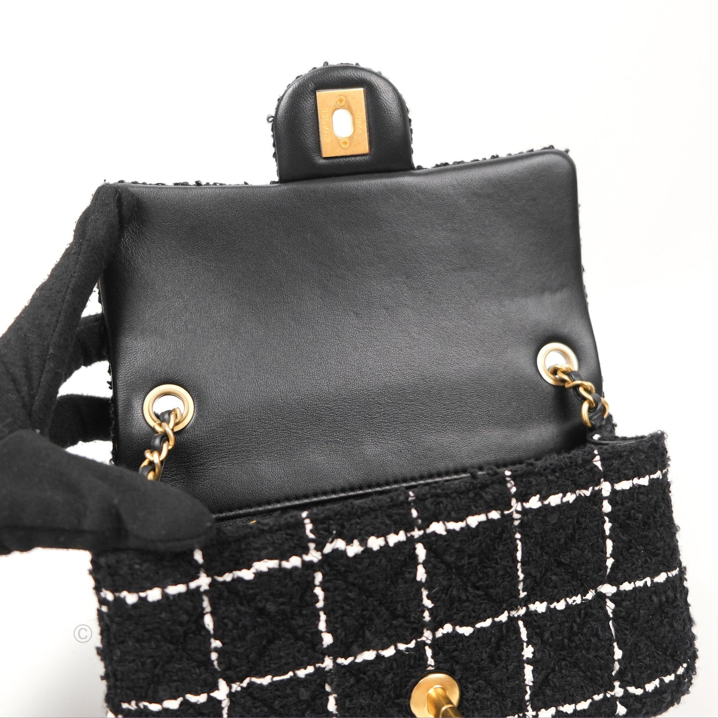 Chanel Mini Rectangular Pearl Crush Tweed Black White Grid Aged Gold Hardware