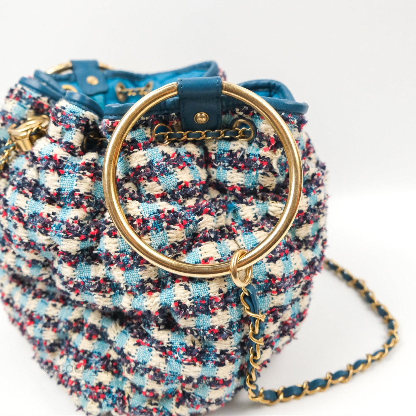 Chanel Cuba Chesterfield Tweed Drawstring Bucket Bag Blue Aged Gold Hardware 17C
