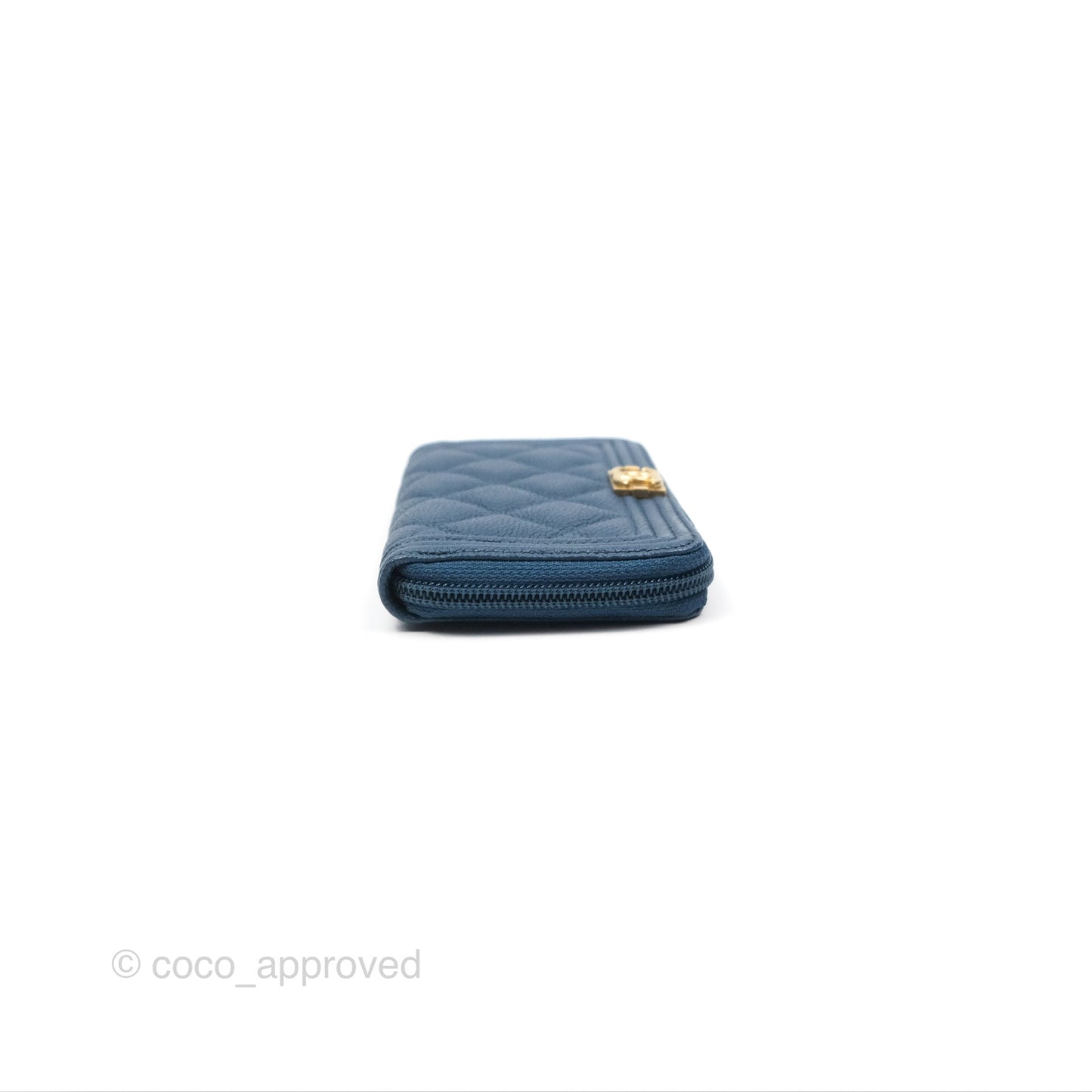 Chanel Quilted Boy Zip Card Holder Blue Caviar Aged Gold Hardware