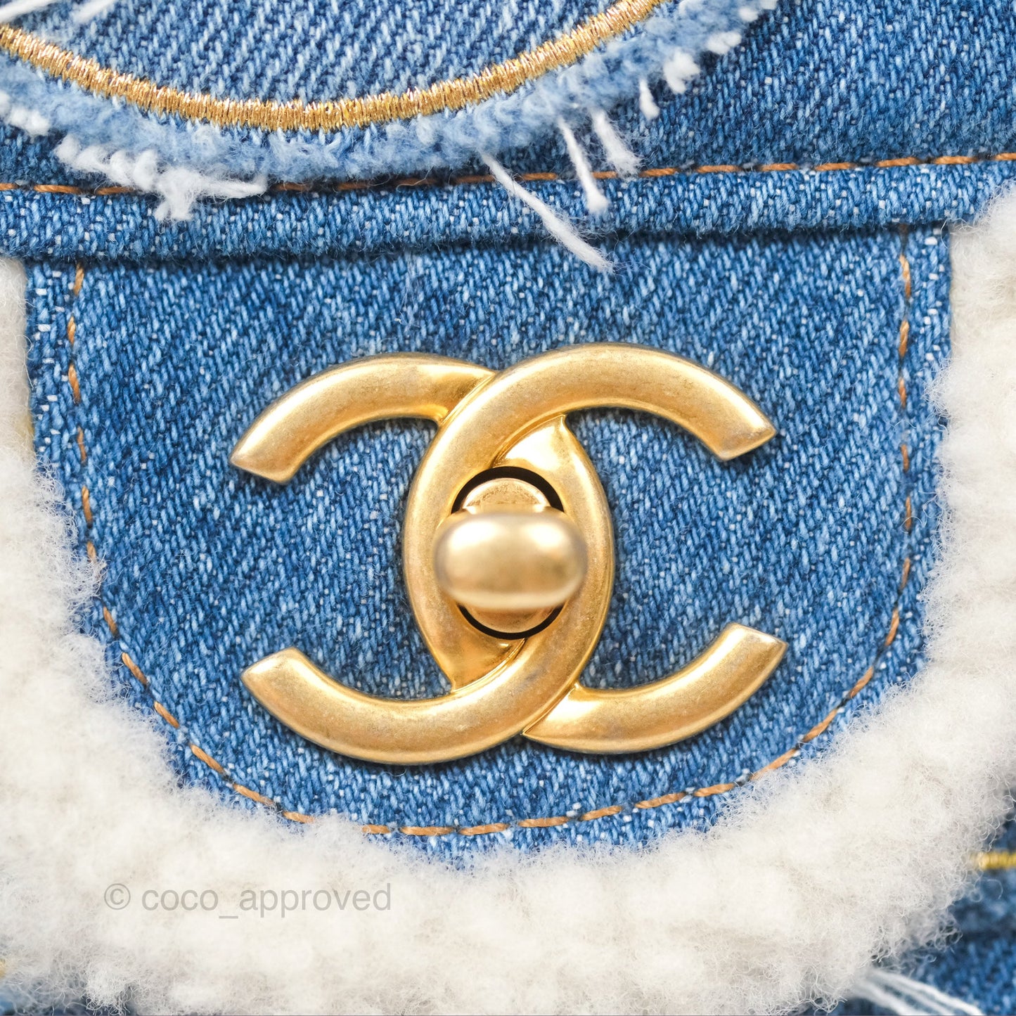 Chanel Medium Denim Shearling Hieroglyph Flap Bag Aged Gold Hardware