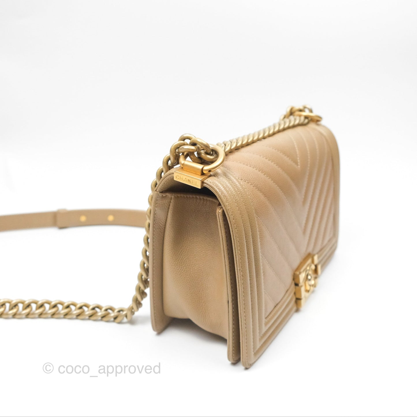 Chanel Medium Boy Chevron Beige Caviar Aged Gold Hardware