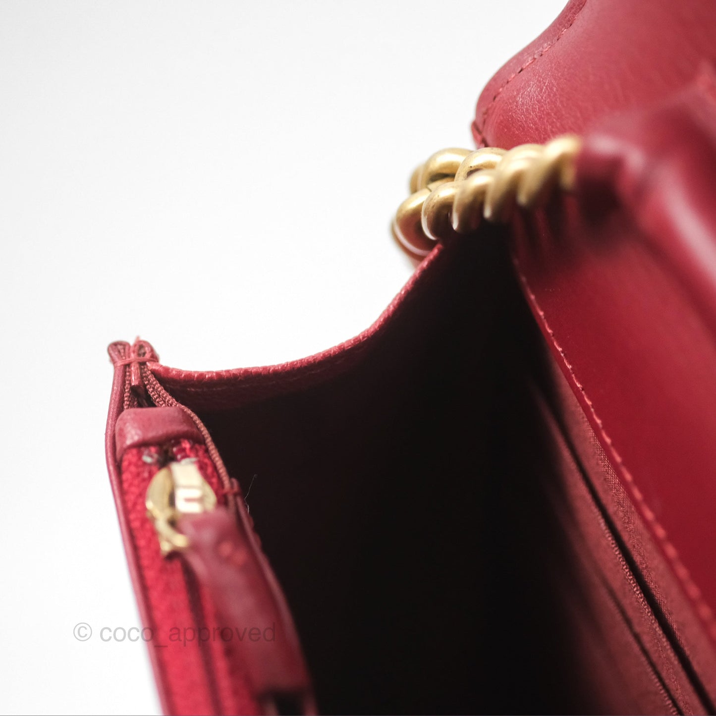 Chanel Quilted Boy Wallet on Chain WOC Red Caviar Aged Gold Hardware