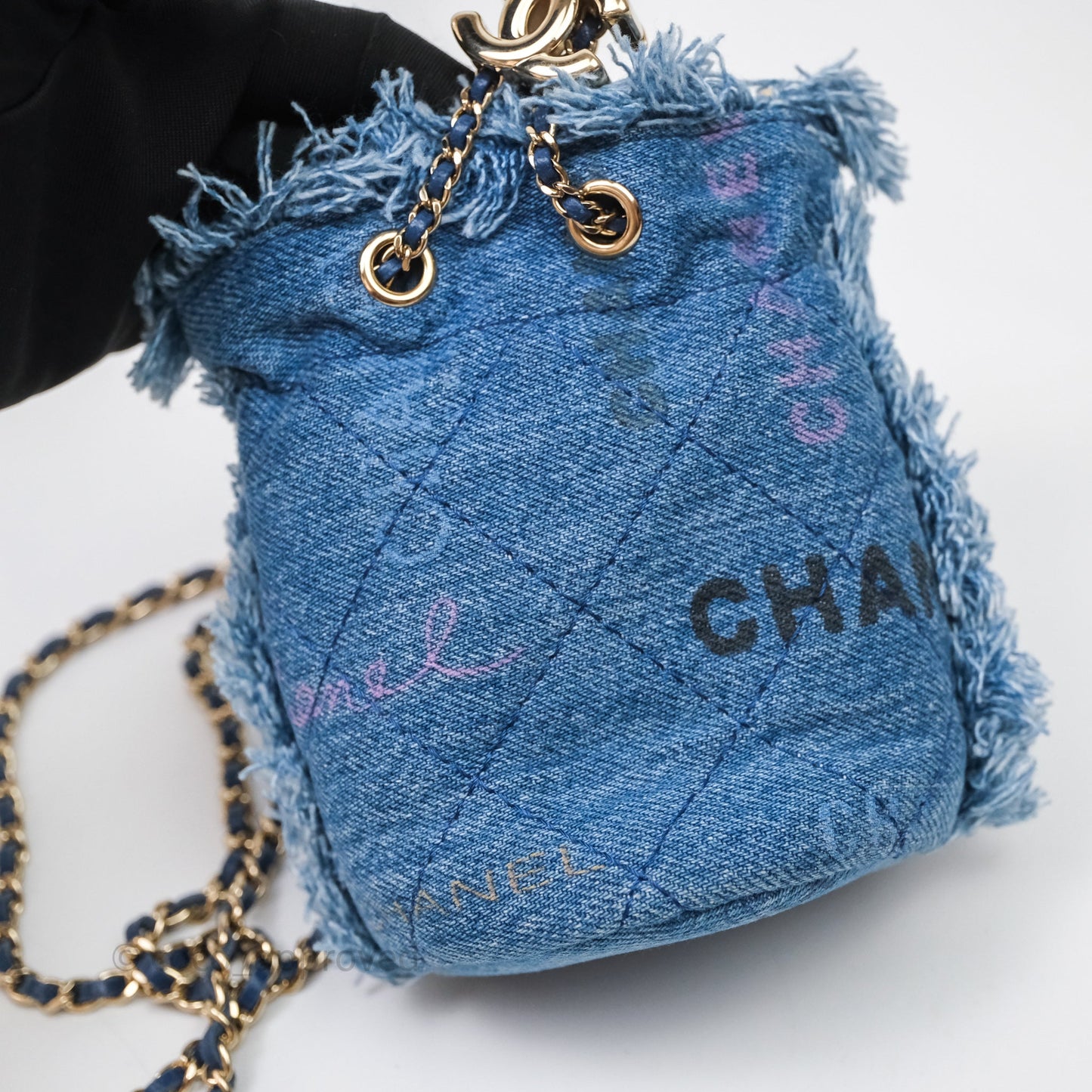 Chanel Mood Denim Mini Bucket Bag with Chain Blue Gold Hardware