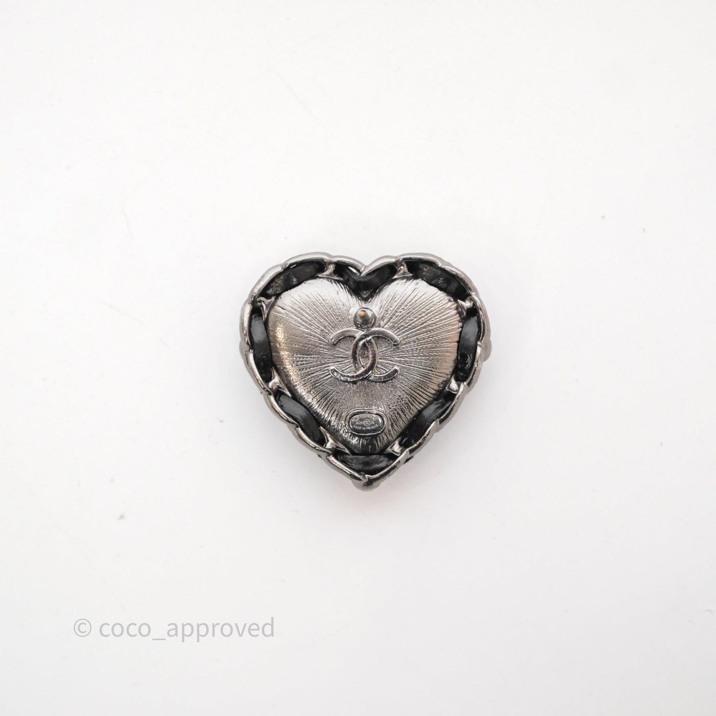 Chanel Crystal Braided Leather Heart Brooch Gun Metal 21A