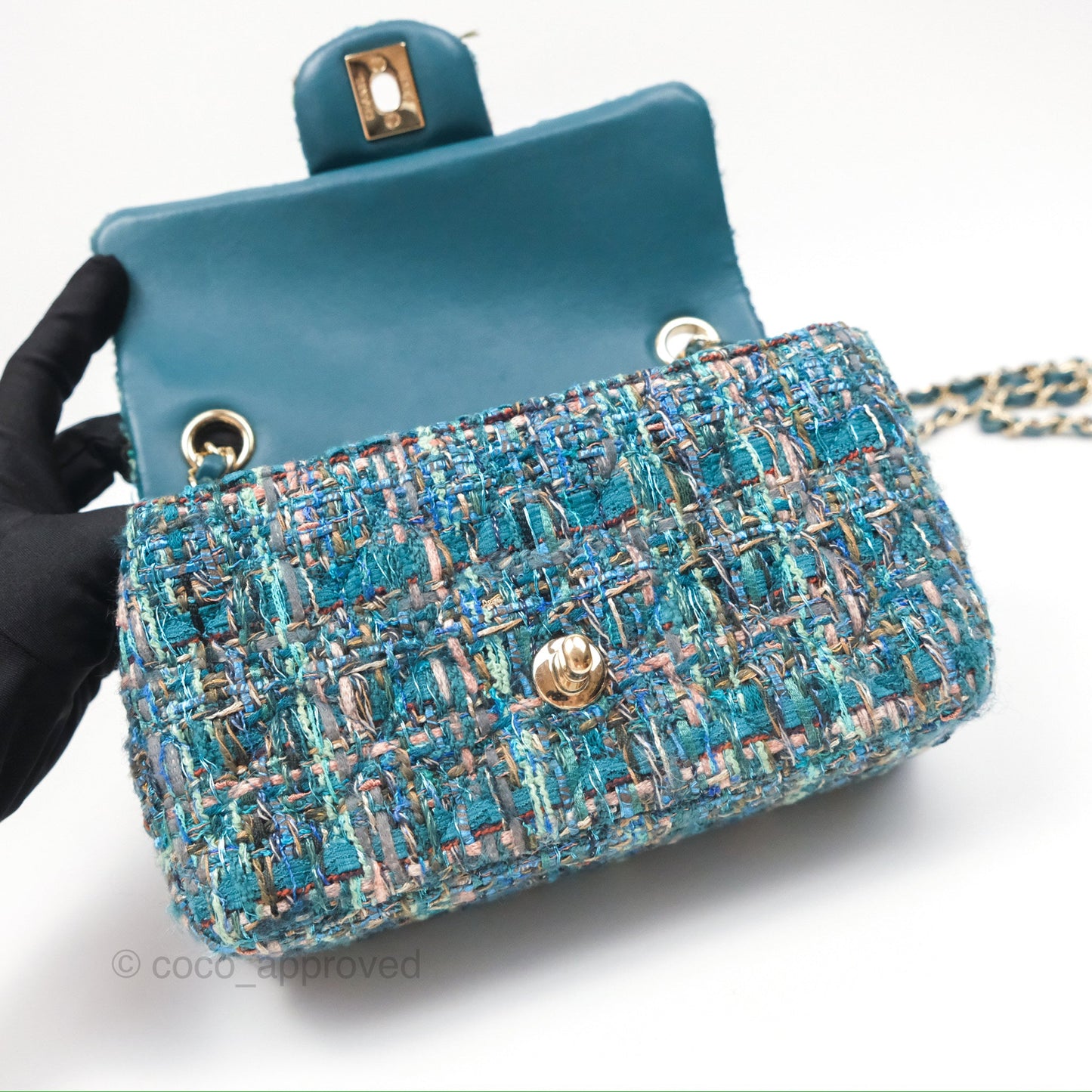 Chanel Mini Rectangular Flap Teal Tweed Gold Hardware