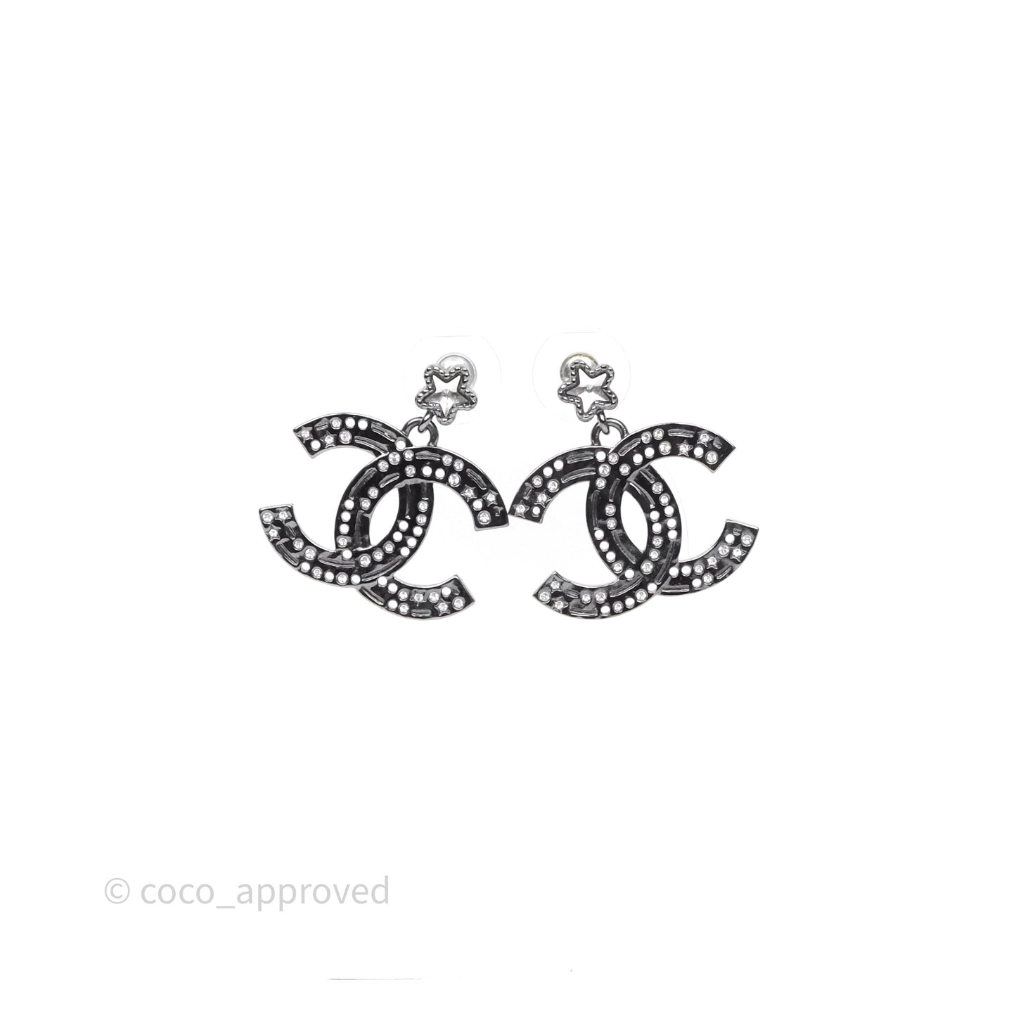 Chanel Gunmetal Star Crystal CC Dangle Earrings 24K