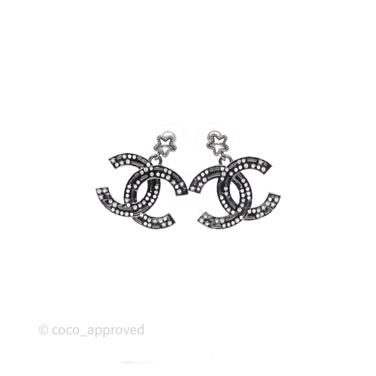 Chanel Gunmetal Star Crystal CC Dangle Earrings 24K