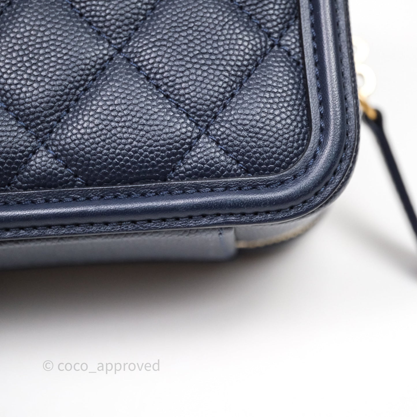 Chanel Quilted Small CC Filigree Vanity Case Navy Caviar Gold Hardware