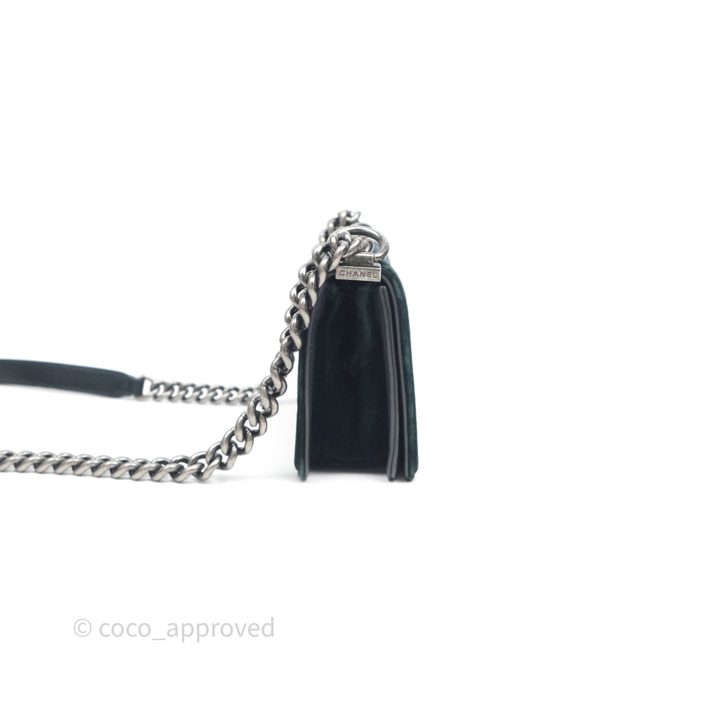 Chanel Small Boy Quilted Dark Green Velvet Ruthenium Hardware