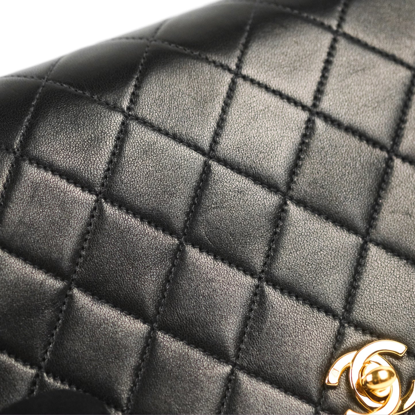 Chanel Vintage Full Flap Quilted Shoulder Bag Black Lambskin 24K Gold Hardware