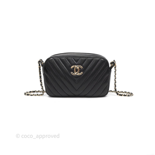 Chanel Chevron Camera Bag Black Lambskin Gold Hardware