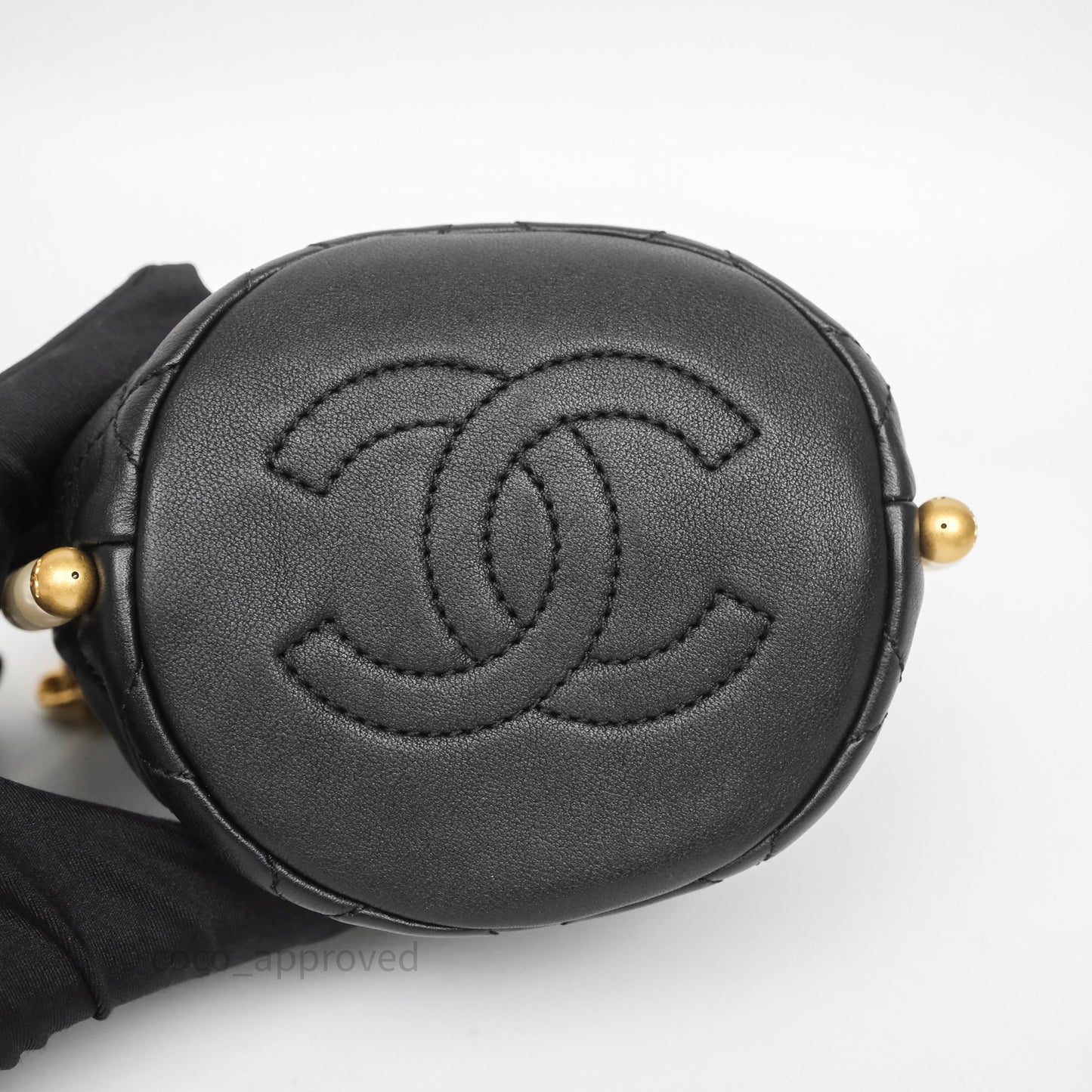 Chanel Quilted Pearl Mini About Pearls Drawstring Bucket Bag Black Calfskin