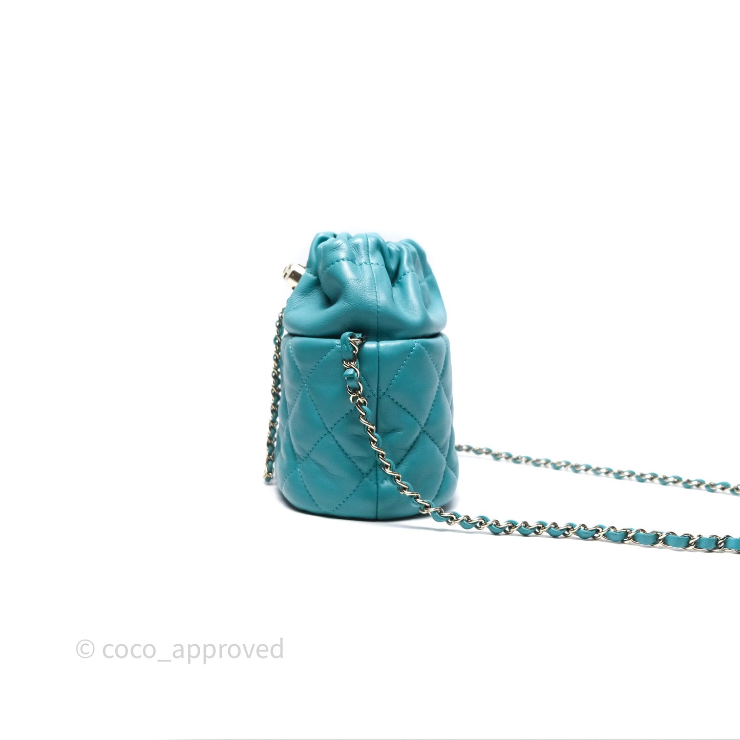Chanel Pearl CC Drawstring Bucket Bag Teal Green Lambskin Gold Hardware