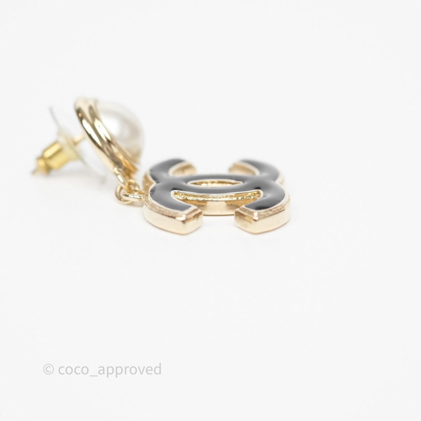 Chanel Round Pearl CC Black Resin Drop Earrings Gold Tone 22A