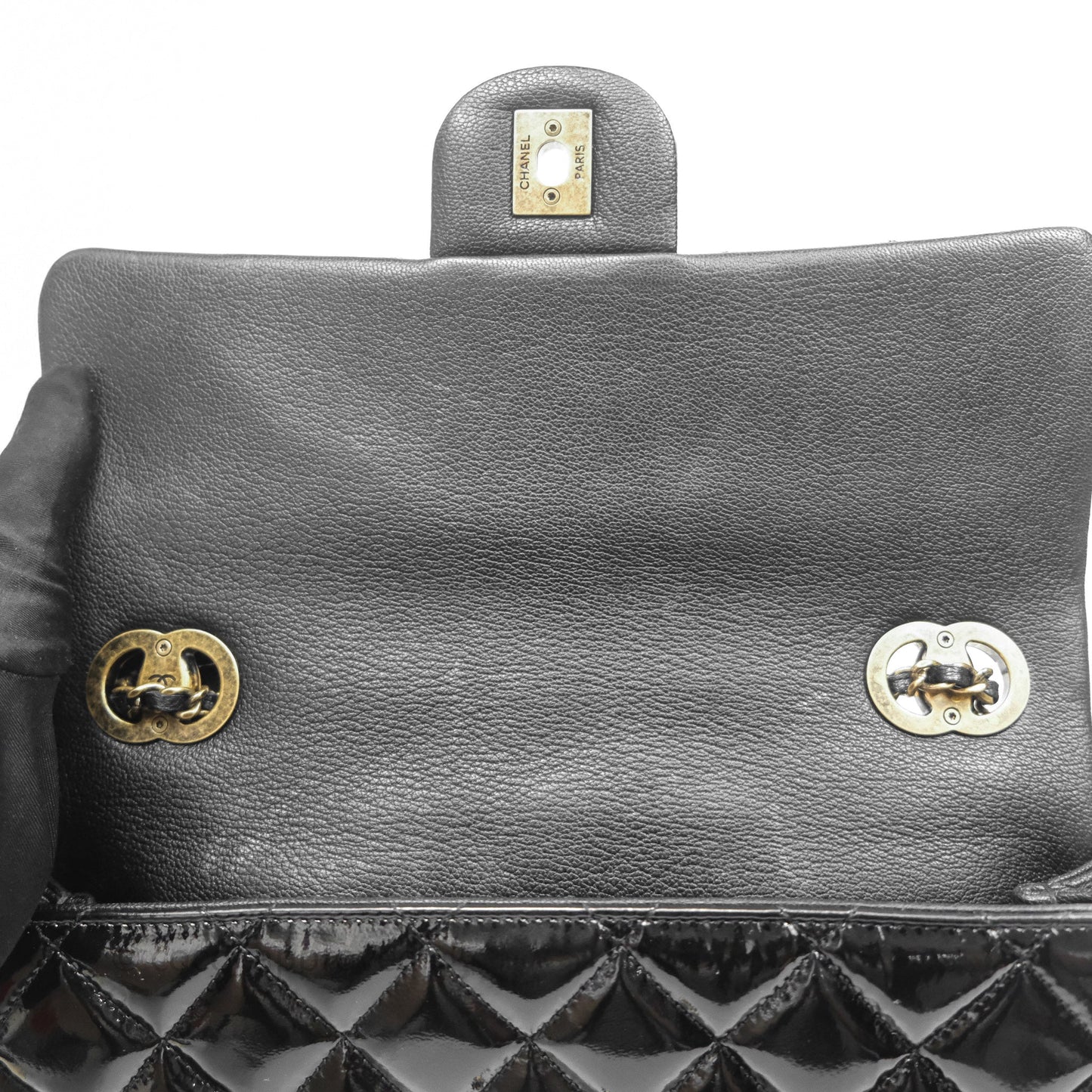 Chanel Quilted Medium Eyelet Flap Bag Black Patent Aged Gold Hardware