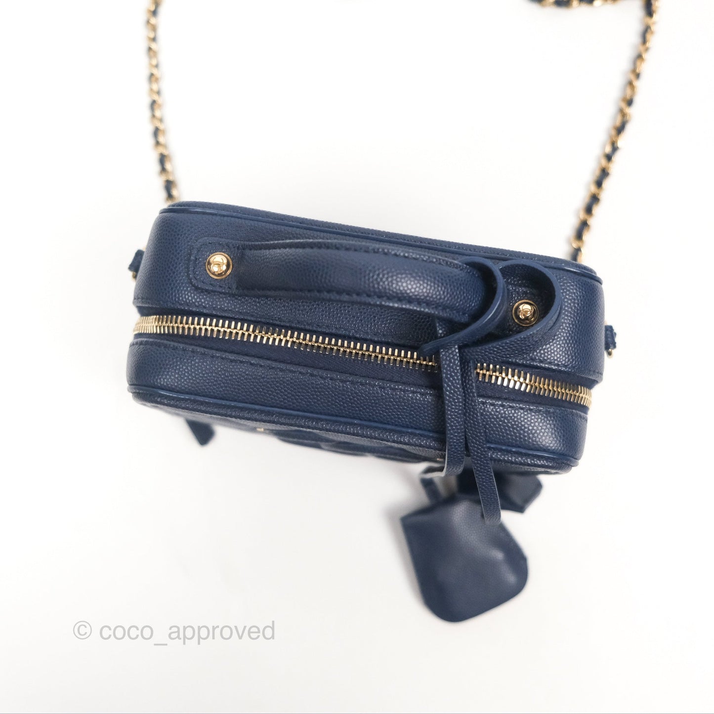 Chanel Quilted Small CC Filigree Vanity Case Navy Caviar Gold Hardware