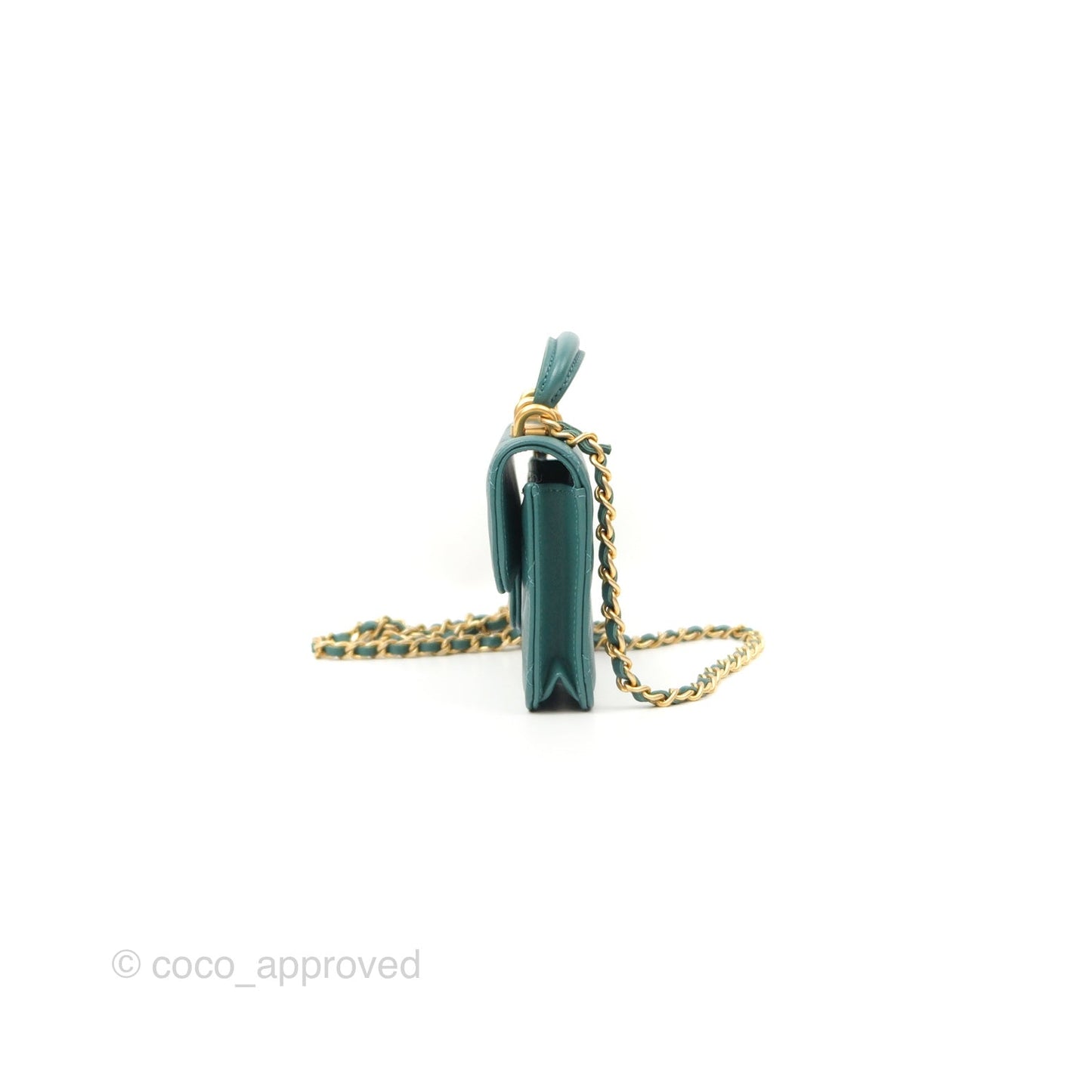 Chanel Mini Handle Flap Coin Purse With Chain Teal Green Lambskin Aged Gold Hardware