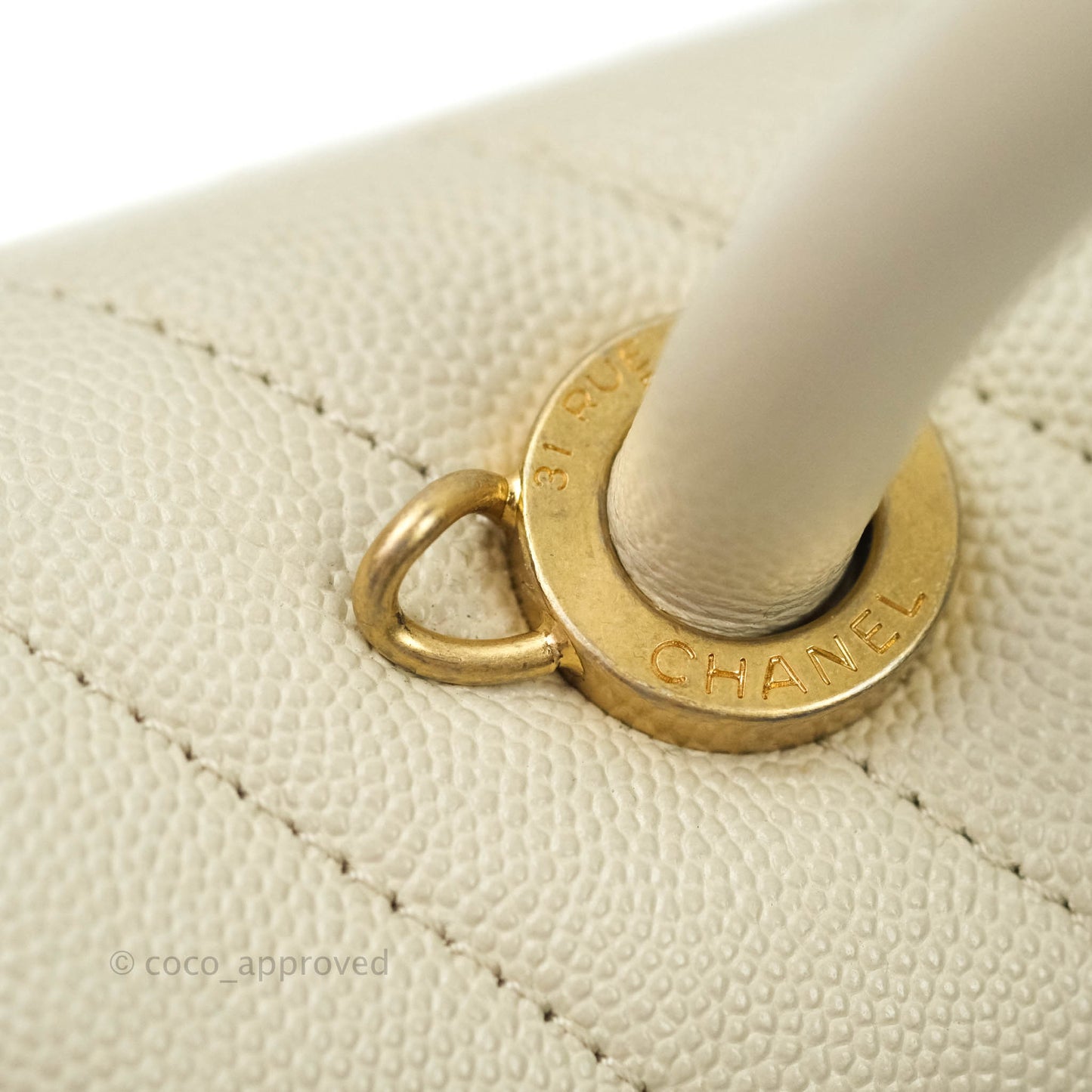 Chanel Mini Coco Handle Chevron Stone White Caviar Aged Gold Hardware