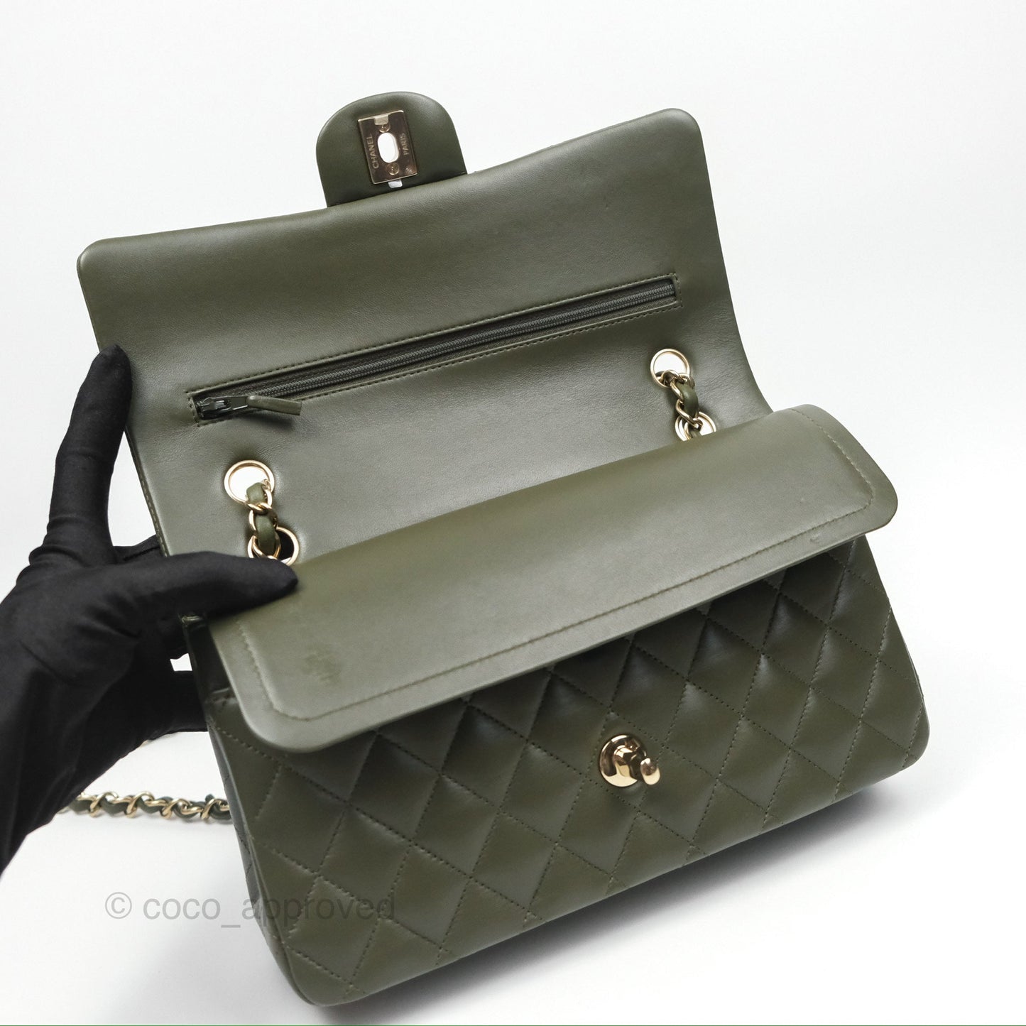 Chanel Classic M/L Medium Flap Quilted Lambskin Army Green Gold Hardware