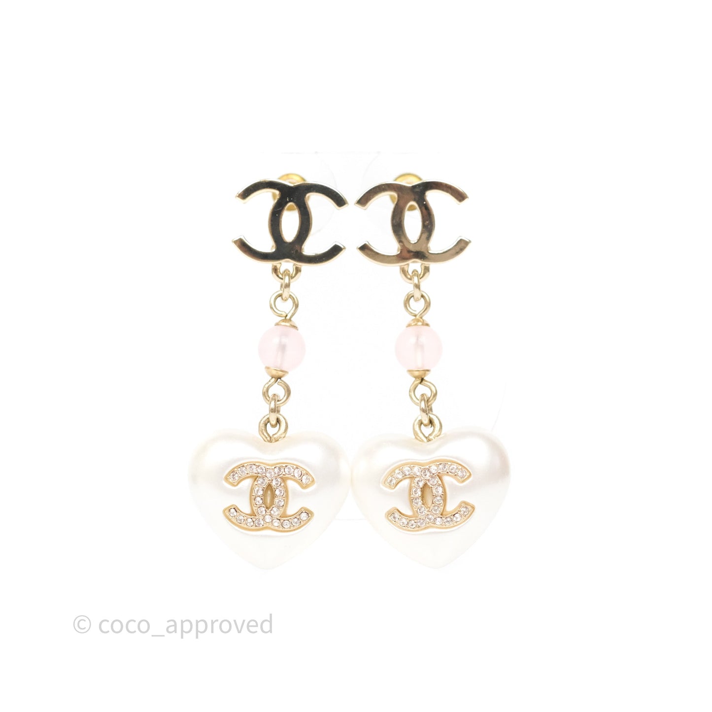 Chanel CC Pink Bead Heart Pearl Crystal CC Drop Earrings Gold Tone 21B