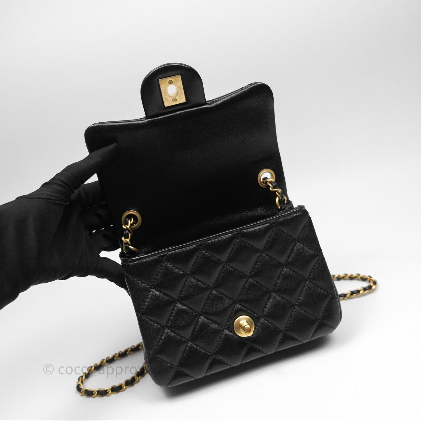 Chanel Pearl Crush Mini Square Quilted Black Lambskin Aged Gold Hardware