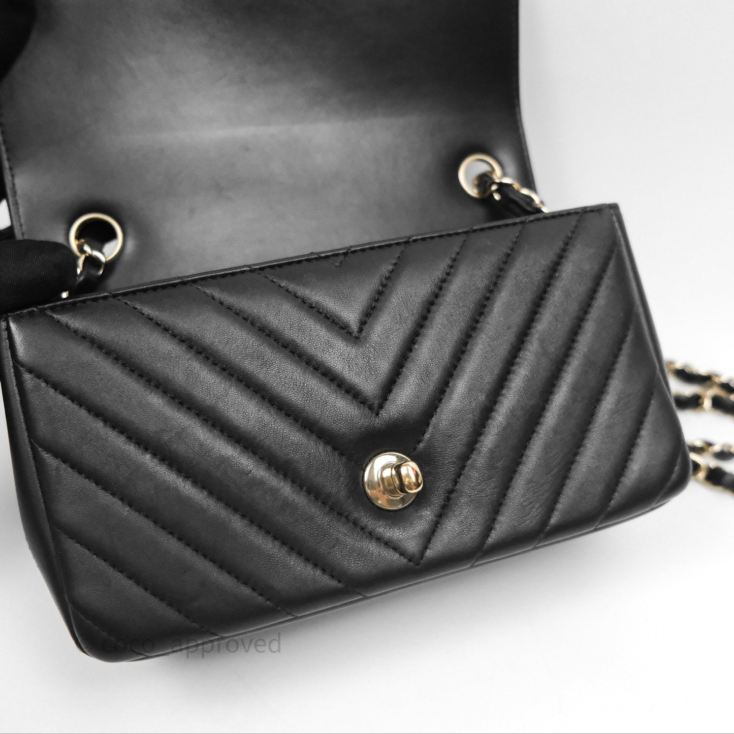 Chanel Quilted Mini Rectangular Chevron Black Lambskin Gold Hardware