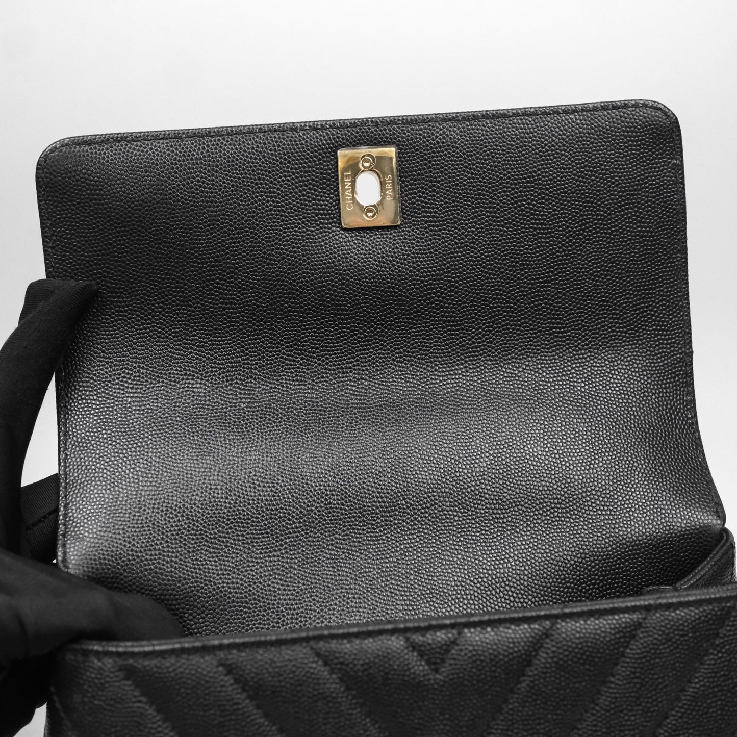 Chanel Small Coco Handle Chevron Black Caviar Gold Hardware Lizard Handle