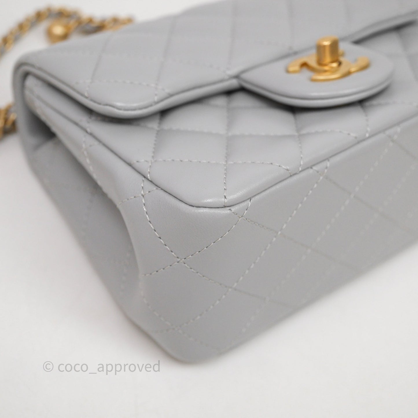Chanel Pearl Crush Mini Square Quilted Grey Lambskin Aged Gold Hardware