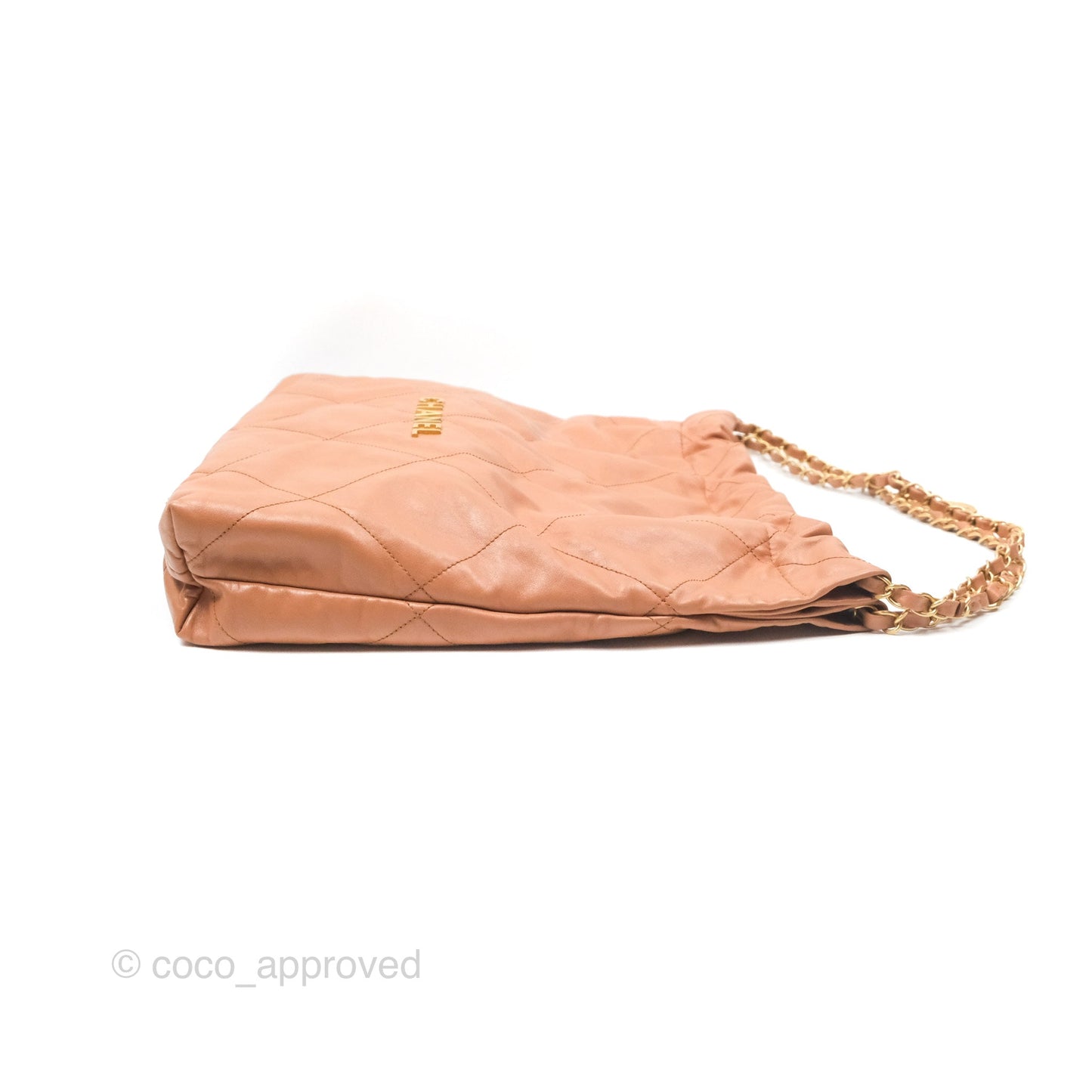 Chanel 22 Medium Caramel Beige Shiny Calfskin Aged Gold Hardware