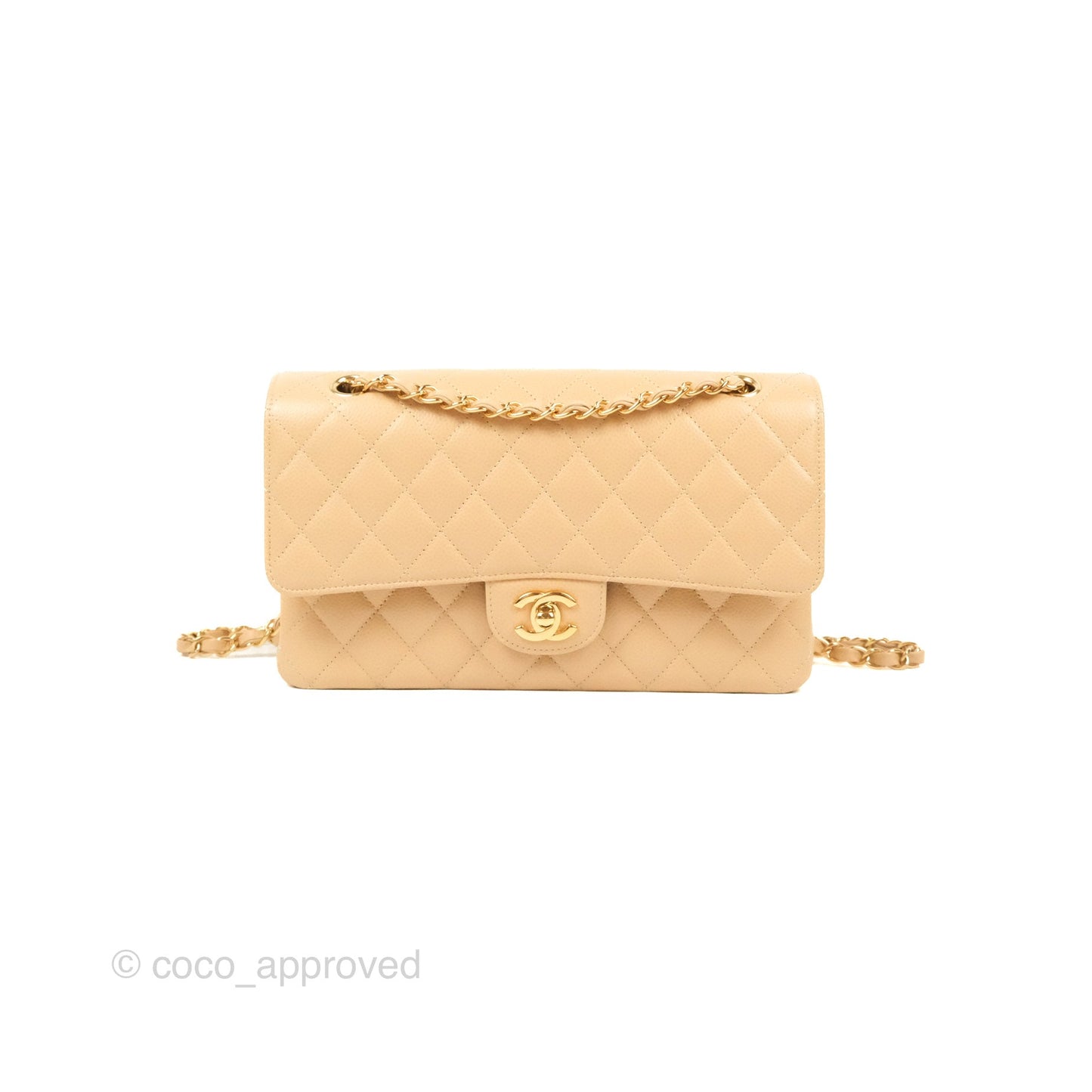 Chanel Classic M/L Medium Flap Quilted Beige Caviar Gold Hardware