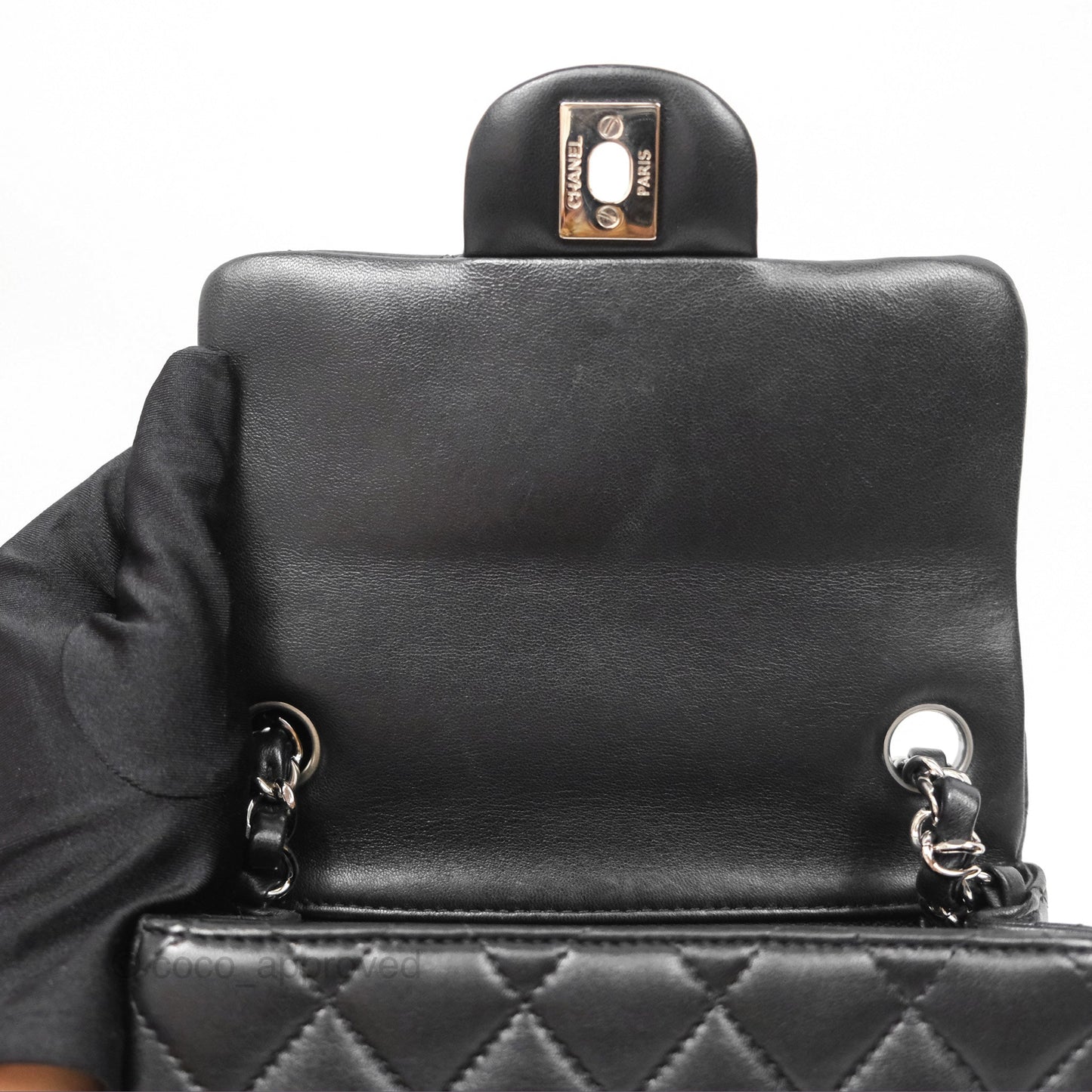 Chanel Mini Square Flap Quilted Black Lambskin Silver Hardware