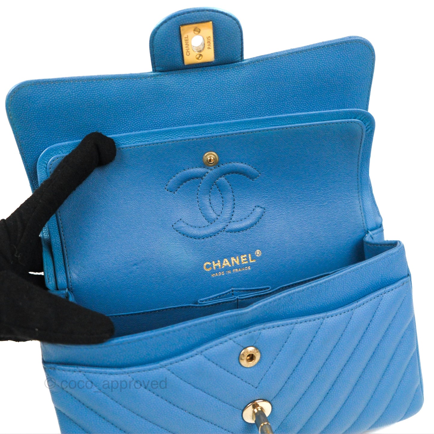 Chanel Small Classic Flap Chevron Blue Caviar Gold Hardware